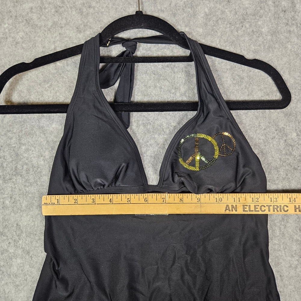 Mudd Womens Black Y2K Tankini Top Sequin Peace Hippie Swim Beach Summer Sz Small - Picture 2 of 10